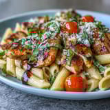 A close-up of Bruschetta Chicken Pasta shows diced fresh mozzarella and Parmesan cheese melting into the warm pasta, garnished with torn basil leaves and a sprinkle of red pepper flakes.