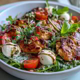 Grilled Caprese Chicken Bowl with juicy chicken, creamy mozzarella, and ripe tomatoes in a balsamic drizzle.