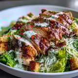 Juicy grilled chicken slices rest on crisp romaine lettuce for a Caesar Chicken Bowl, topped with parmesan and crunchy croutons.