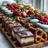 Vibrant dessert board featuring mini brownies, fruit tarts, and cake slices, ideal for graduation celebrations.