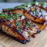 Juicy salmon fillet cooked on a cedar plank, topped with lemon slices and aromatic dill, perfect for backyard grilling.