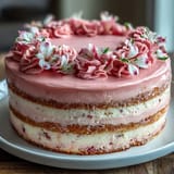 Elegant vanilla sponge cake with silky pink ombre frosting and floral accents for Mothers Day.