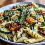 Vibrant Spring Pasta Primavera featuring crisp asparagus, zucchini, and cherry tomatoes tossed with penne and herbs.