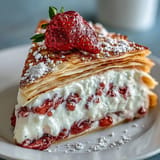 Delicate golden crêpes stacked with luscious strawberry mascarpone, creating an elegant Mother's Day dessert centerpiece.