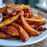 Golden, seasoned air fryer sweet potato fries ready for dipping in zesty aioli.