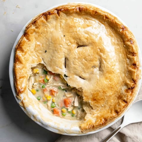 Freshly baked Chicken Pot Pie with a golden, flaky crust and steam rising from the hearty chicken and vegetable filling.