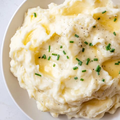 A white serving bowl filled with buttery Mashed Potatoes, garnished with fresh chopped chives and a pat of melting butter.