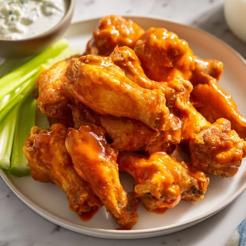 Sizzling, saucy Buffalo Wings with a crispy crust are arranged on a platter next to cool celery and dip.