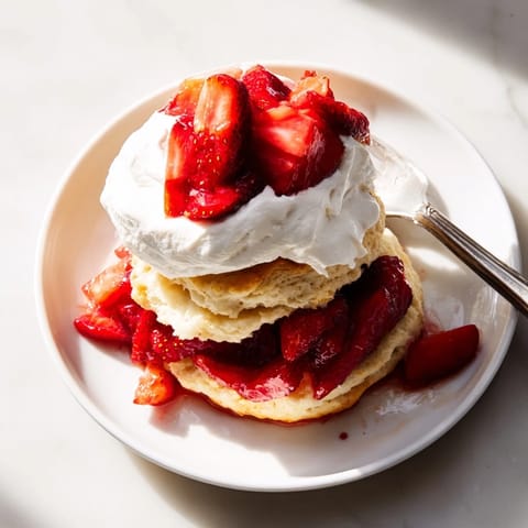 A plated Strawberry Shortcake features golden biscuits layered with juicy berries and pillowy cream.