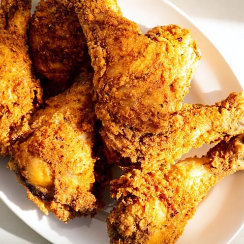Fried chicken drumsticks and thighs coated in seasoned flour, served with coleslaw and a side of mashed potatoes.