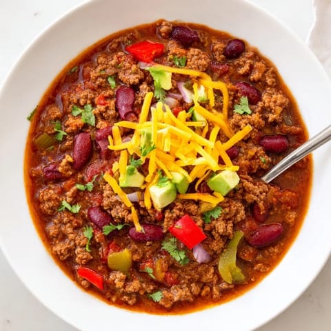 Close-up of rich Chili con Carne with beans, peppers, and onions in rustic pot.