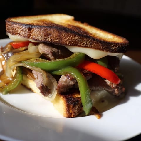Close-up view of a Philly cheesesteak grilled cheese, highlighting juicy steak strips and gooey melted cheese inside.