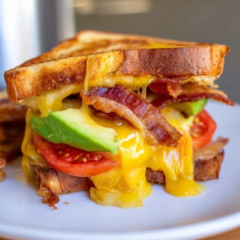 Buttery avocado slices and crunchy bacon peek from a toasted, golden Avocado BLT Grilled Cheese sandwich served on a rustic wooden board.
