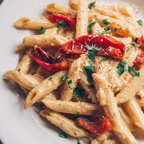 A close-up of creamy Cajun pasta, showcasing the rich, velvety sauce with sweet roasted red peppers and a generous sprinkle of Parmesan cheese.  