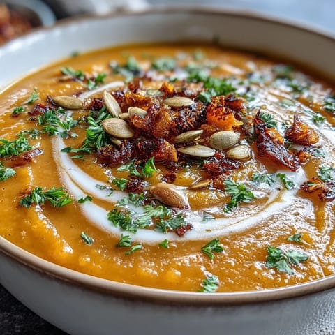 Creamy Roasted Broccoli and Butternut Squash Soup ladled from a pot, showcasing its vibrant orange and green hues, with a side of crusty bread.