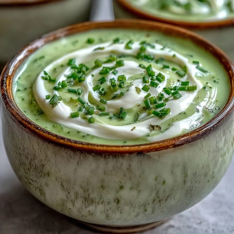Freshly blended Cream of Broccoli Soup with velvety green texture, served in a white ceramic bowl.