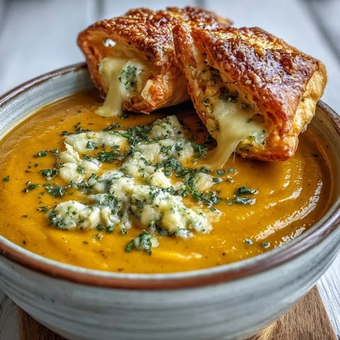 Creamy broccoli and butternut squash soup topped with golden, flaky pastries filled with melted brie and cheddar cheese.
