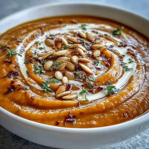 A bowl of creamy Butternut Squash and Apple Soup swirled with heavy cream and topped with toasted pumpkin seeds.  