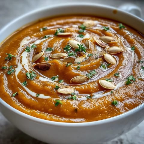 Smooth Butternut Squash and Apple Soup served in a rustic white bowl, garnished with fresh thyme and crusty bread.  