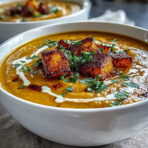 Velvety butternut squash and lentil soup, garnished with fresh cilantro and a swirl of coconut cream, served in a rustic bowl.