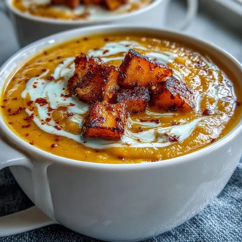 Hearty vegan butternut squash and lentil soup with roasted squash cubes and red lentils simmered in warming spices like cumin.