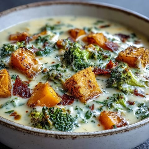 Golden roasted butternut squash and broccoli florets simmering in a creamy cheddar soup, garnished with fresh herbs.