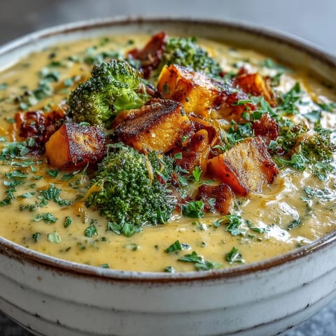 Velvety Butternut Squash Broccoli Cheddar Soup served hot in a rustic bowl, paired with crusty bread for dipping.