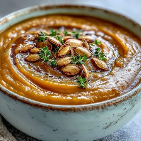 Roasted butternut squash soup garnished with pumpkin seeds and thyme, steaming in a rustic bowl.