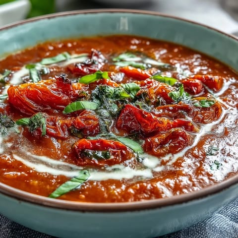 Caramelized roasted tomatoes, onions, and garlic blended into a silky, aromatic Roasted Tomato Basil Soup, perfect for a cozy vegetarian dinner.