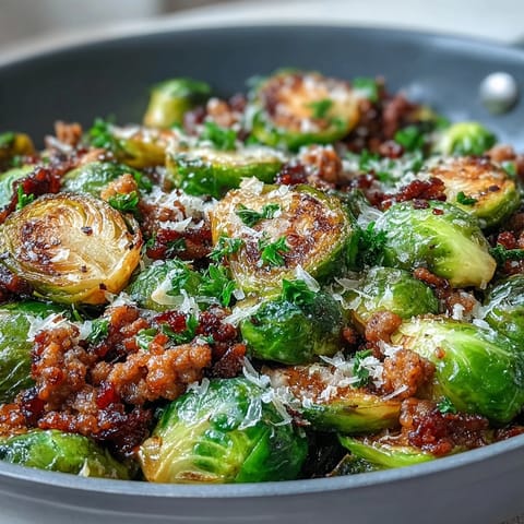 Golden-brown Brussels sprouts and seasoned ground turkey sizzling together in a skillet, garnished with fresh parsley and Parmesan.