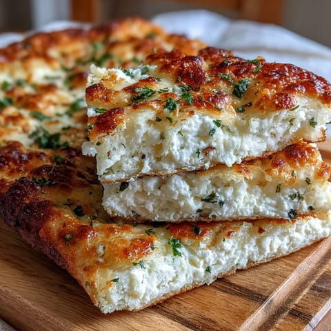 Golden-brown Fluffy Cottage Cheese Flatbread bubbling in a skillet, releasing aromas of garlic and herbs.