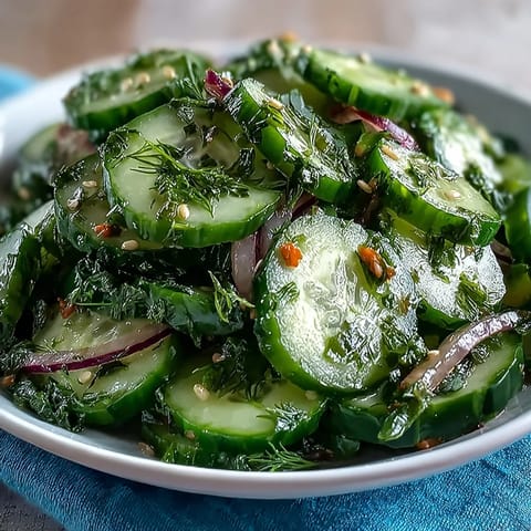 Bright, thinly sliced cucumbers and red onion tossed in a tangy vinegar dressing, garnished with fresh dill for a Refreshing Crunchy Cucumber Salad.