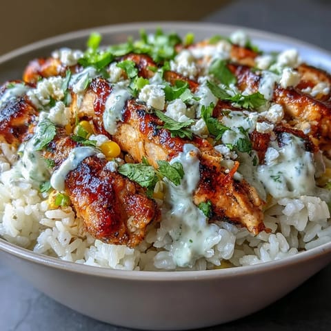 Bright citrus-marinated chicken thighs sit atop fluffy rice, crowned with smoky charred corn, cotija cheese, and a drizzle of crema.