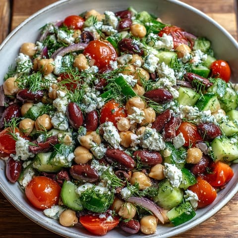 Bright marinated beans with lemon and oregano in a colorful Greek salad, topped with crumbled feta, cucumbers, and tomatoes.