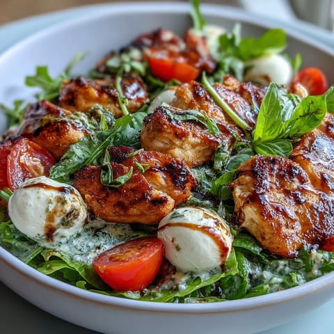 Grilled Caprese Chicken Bowl with juicy chicken, creamy mozzarella, and ripe tomatoes in a balsamic drizzle.
