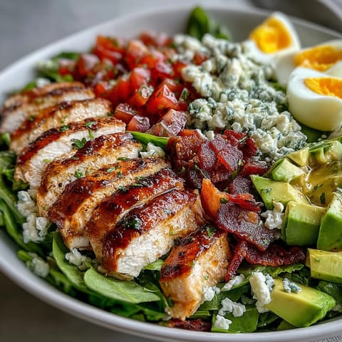 Vibrant Cobb Salad Bowl with grilled chicken, crispy bacon, creamy avocado, and blue cheese crumbles over crisp greens.  