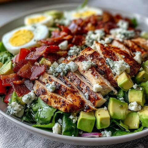 Classic American Cobb Salad Bowl features hard-boiled egg quarters, juicy tomatoes, and a drizzle of tangy ranch dressing.  