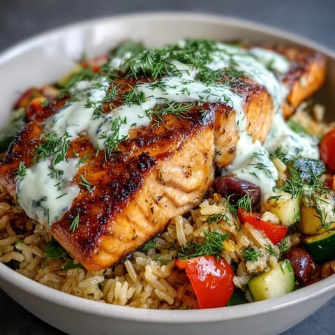 Golden, crispy rice forms the base of this Crispy Rice Salmon Bowl, topped with pan-seared salmon and vibrant Mediterranean vegetables.  