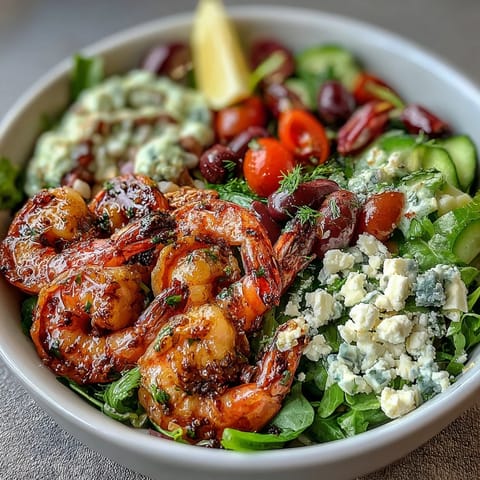 Juicy grilled shrimp rest on a vibrant Greek Shrimp Bowl with feta, tomatoes, cucumber, and olives.  