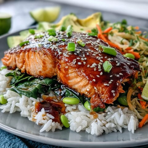 Flaky soy-ginger glazed salmon perches atop fluffy jasmine rice, surrounded by crisp edamame and vibrant bell peppers.
