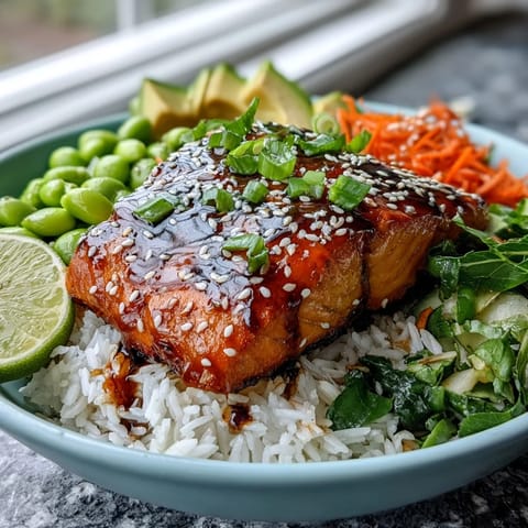 A colorful Soy Ginger Salmon Bowl features tender fish, creamy avocado, and fresh lime wedges for squeezing.