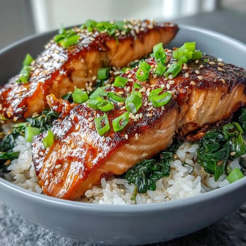 In a rustic bowl, succulent miso glazed salmon rests over fluffy jasmine rice, accompanied by wilted spinach and bright lime wedges.