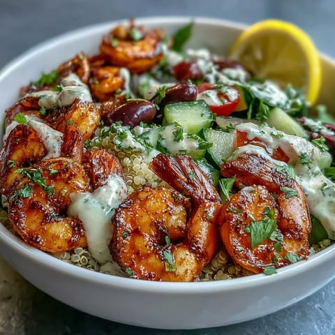 A vibrant Mediterranean Shrimp Bowl with grilled shrimp on a bed of quinoa, spinach, tomatoes, and cucumber, topped with creamy tahini sauce.