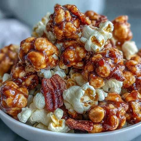 Sweet and salty popcorn mix with roasted peanuts and caramel, perfect for baseball game day snacking.  
