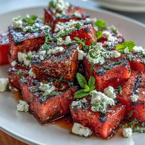 Refreshing Grilled Watermelon Salad with Feta and Mint: Sweet, smoky watermelon meets tangy feta and bright mint leaves in a summer salad.  