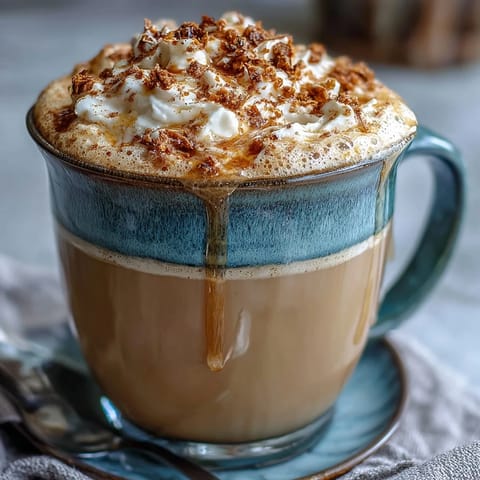 Warm dandelion tea latte with oat milk and honey, creamy and golden, topped with a sprinkle of cinnamon.