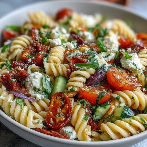 Colorful picnic pasta salad with Italian dressing, featuring tender rotini, fresh vegetables, and mozzarella pearls for a refreshing summer side.