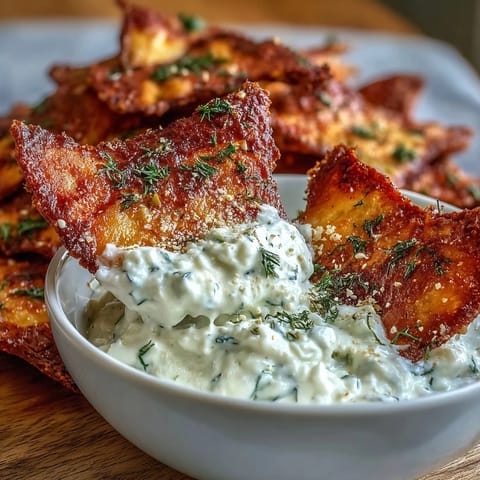 Crispy homemade pita chips paired with cool, creamy tzatziki for a refreshing Mediterranean snack.  