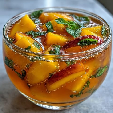 A vibrant glass of mango peach sparkling tea with fresh fruit slices and mint garnish.