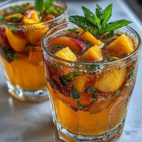 Refreshing summer beverage with mango and peach puree, sparkling tea, and ice cubes.